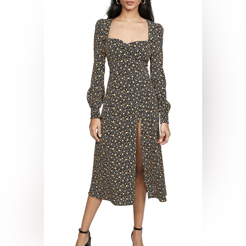 Reformation Black Floral Midi Dress with Yellow Print